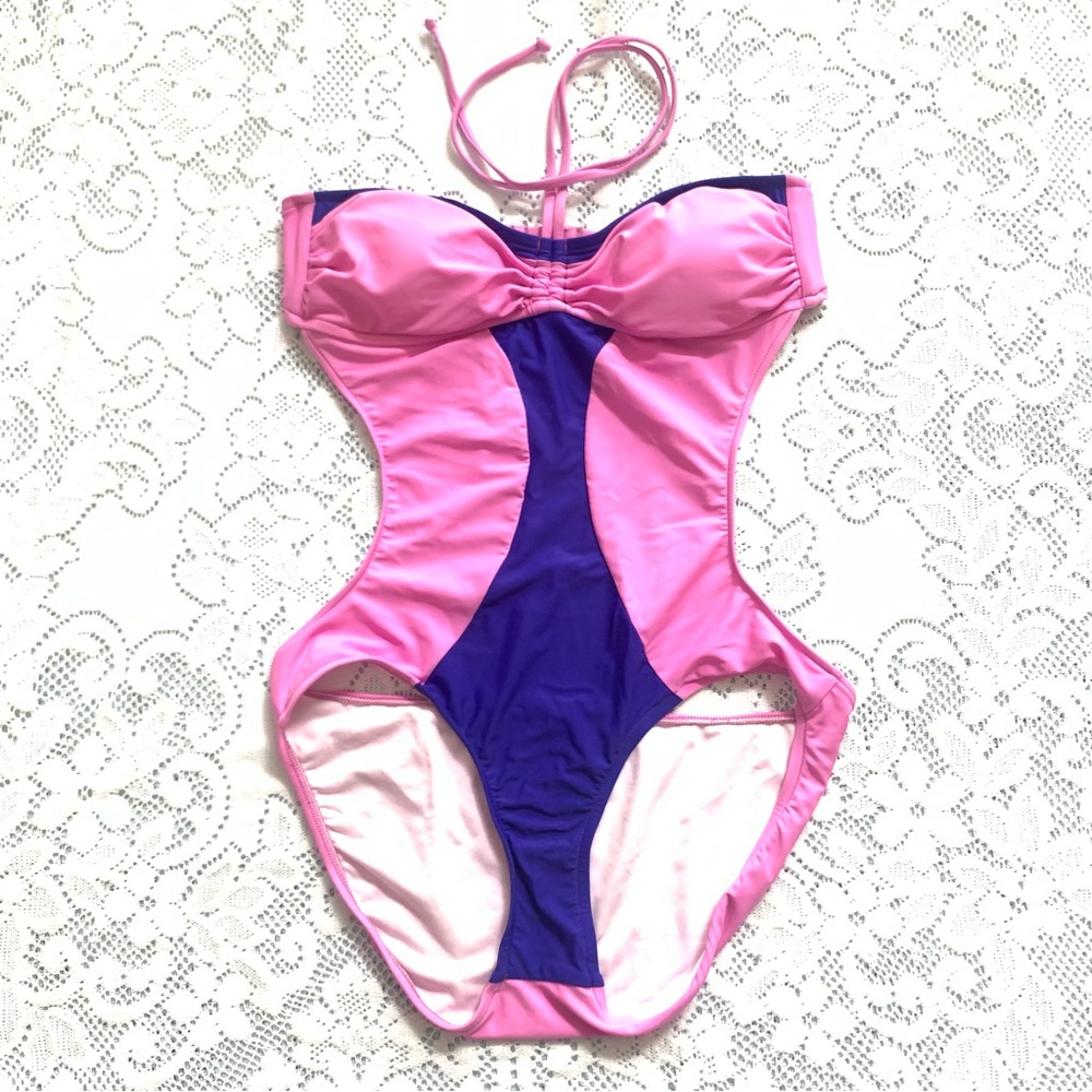 Unique Pink + Purple Color Block Halter Monokini